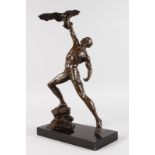 A GOOD BRONZE OF A NUDE ATHLETE holding aloft an eagle. Signed, on a marble base. 18ins high.
