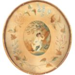 A GEORGIAN CIRCULAR GILT FRAMED AND GLAZED SILKWORK PICTURE, young boy beneath a tree. 13.5ins