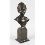 ALFRED DRURY (1856-1944) BRITISH A BRONZE BUST OF A YOUNG GIRL. Signed. 12ins high,on a marble base.
