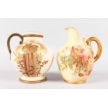 A ROYAL WORCESTER JUG painted with flowers, No. 1094, 6.5ins high, and a CONTINENTAL JUG painted