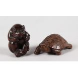 TWO CHINESE CARVED WOOD NETSUKES, Tortoise and Monkey.
