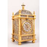 A SUPERB 19TH CENTURY GILT BRONZE AND SILVER PLATE GOTHIC CARRIAGE CLOCK, with eight-day movement