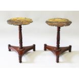 A GOOD PAIR OF VICTORIAN MAHOGANY PAPIER MACHE TOP TABLES painted with rural scenes, supported on