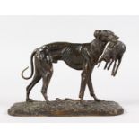 PIERRE JULES MENE (1810-1879) FRENCH A GOOD BRONZE OF A GREYHOUND with a rabbit in its mouth. Signed