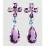 A PAIR OF SILVER, AMETHYST AND BLUE TOPAZ DROP EARRINGS.