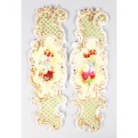 A PAIR OF COPELAND & GARRETT PORCELAIN DOOR PANELS painted with flowers. 12ins long.