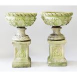 A GOOD PAIR OF COMPOSITION "GAINSBOROUGH" PATTERN CIRCULAR GARDEN VASES ON STANDS, with acanthus and