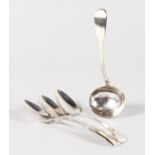 THREE GEORGE III IRISH RAT TAIL DESSERT SPOONS, Dublin 1800, and A GEORGIAN SAUCE LADLE, London 1818