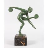 PERENNE (PARIS) CIRCA. 1900 A NUDE BRONZE DISCUS THROWER. Signed. 7.75ins high, on a marble base. (