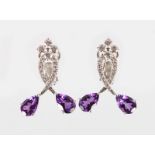 A GOOD PAIR OF 18CT WHITE GOLD, DIAMOND AND AMETHYST DROP EARRINGS.