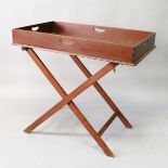 A BUTLER'S 19th CENTURY MAHOGANY TRAY ON STAND. 3ft long.