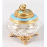 A SUPERB "FABERGE" GLASS, SILVER GILT MOUNTED CAVIAR POT with enamel top and sturgeon handle. 3ins