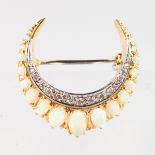 A GOOD 18CT YELLOW GOLD, OPAL AND DIAMOND CRESCENT BROOCH.