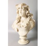 A SUPERB FRENCH CARVED WHITE MARBLE BUST OF A PRETTY YOUNG GIRL, wearing a lace bonnet and shawl and