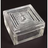 A SQUARE LALIQUE BOX AND COVER with a nude in relief. Stamped LALIQUE, FRANCE. 3.5ins.