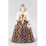 A SAMSON OF PARIS PORCELAIN FIGURE OF A QUEEN, in a blue and gilt gown. 22cms high.