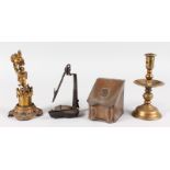 AN EARLY BRASS CANDLESTICK, FRENCH CUPID STICK, oil lamp and box (4).