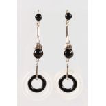 A PAIR OF 9CT GOLD AND SILVER SET, ONYX AND ROCK CRYSTAL EARRINGS