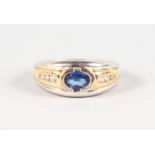 AN 18CT YELLOW GOLD, SAPPHIRE AND DIAMOND RING.