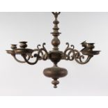 A DUTCH BRASS FIVE LIGHT CHANDELIER. For Cleaning and Restoration. 19ins long.