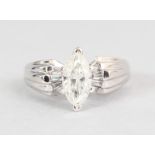 A 14CT WHITE GOLD MARQUISE CUT DIAMOND RING, 1.3CTS.