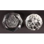 AN OCTAGONAL LALIQUE PAPERWEIGHT with an oak leaf in relief, etched Lalique, France, 4ins, and