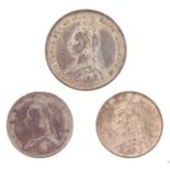 AN 1887 VICTORIA SHILLING and TWO SIXPENCES - EF/VF.