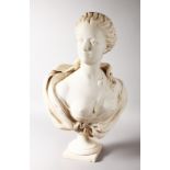 A SUPERB ITALIAN CARVED WHITE MARBLE BUST OF A CLASSICAL YOUNG LADY on a pedestal base. Bust 24ins