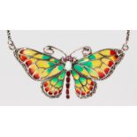 A SILVER PLIQUE ENAMEL BUTTERFLY NECKLACE set with opals and rubies.