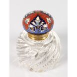 A GOOD HEAVY FRENCH GLASS CIRCULAR INKWELL with swirl body and cloisonne enamel top. 4ins diameter.