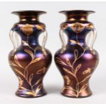 A GOOD PAIR OF "LOETZ" TWO-TONE BLUE AND PURPLE VASES with gilt leaf decoration and four gilt