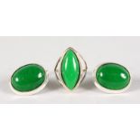 A PAIR OF SILVER AND JADE EARRINGS AND RING.