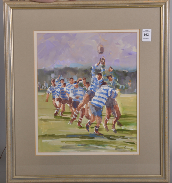 Jane Camp (20th - 21st Century) British. A Rugby Line Out, Watercolour, Signed, 12" x 10". - Image 2 of 4