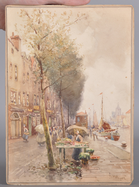 James Robertson Miller (1880-1912) British. "Amsterdam Market", a Dutch Street Scene, Watercolour, - Image 2 of 5