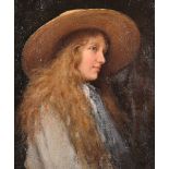 19th Century English School. Portrait of a Young Girl, wearing a Hat, Oil on Unstretched Canvas, 9.