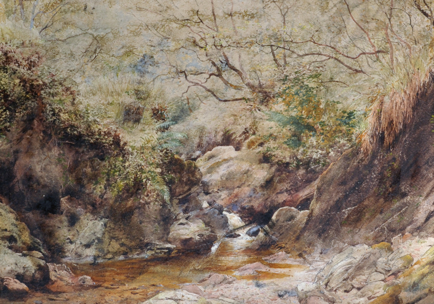 Early 19th Century English School. A Rocky Wooded River Landscape, Watercolour, Indistinctly