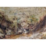 Early 19th Century English School. A Rocky Wooded River Landscape, Watercolour, Indistinctly