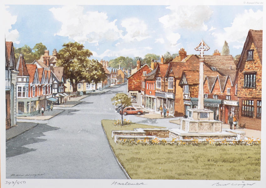 Bert Wright (1930- ) British. 'Haslemere', with the Monument, Lithograph, Signed, Inscribed and