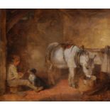 George Morland (1763-1804) British. A Stable Interior, with a Boy and Dog, and a Donkey Feeding, Oil