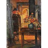 20th Century English School. An Interior Scene, with Flowers on a Table, Oil on Board, Unframed, 14"