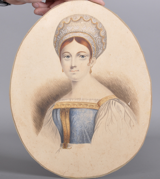 19th Century European School. Portrait of a Lady in Costume, Watercolour, Oval, Unframed, 12" x 9. - Image 2 of 3