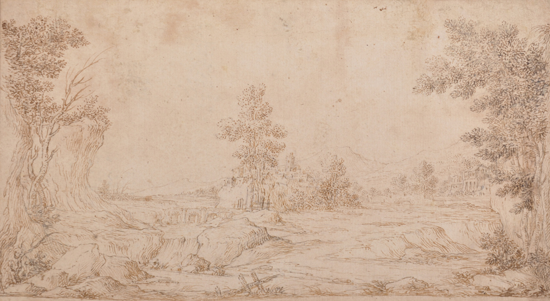 Manner of Paul Bril (c.1553-1626) Dutch. A Classical Landscape, Watercolour, Inscribed, Unframed, 6"
