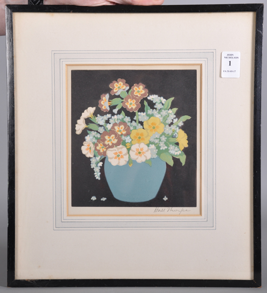 John Hall Thorpe (1874-1947) Australian. "Primulas and Forget-me-Nots", Woodcut in Colours, Signed - Bild 2 aus 4