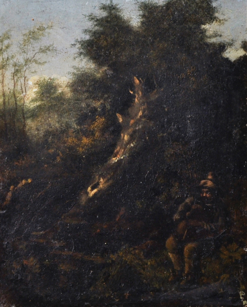 18th Century Dutch School. A Figure playing a Pipe, in a Woodland Setting, Oil on Panel, 9.5" x 8".