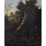 18th Century Dutch School. A Figure playing a Pipe, in a Woodland Setting, Oil on Panel, 9.5" x 8".