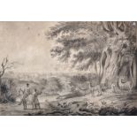 Early 19th Century English School. A Landscape with Figures with a Horse, and Deer by the Trees,