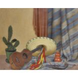 Leo Klin (1887-1967) Russian. "The Guitar", with a Gun, Gourd, Cactus and a Hat, Mixed Media, Signed