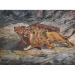 19th Century English School. A Lion Attacking a Bull, Mixed Media, Unframed, 12" x 17.75",