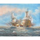 R... Potter (20th - 21st Century) British. A Naval Engagement, Oil on Unstretched Canvas, Signed,