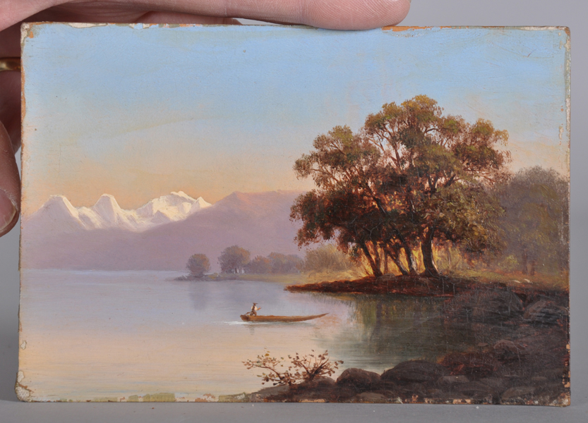 Early 20th Century Swiss School. A Mountainous River Landscape, with a Figure in a Boat, Oil on - Image 2 of 3